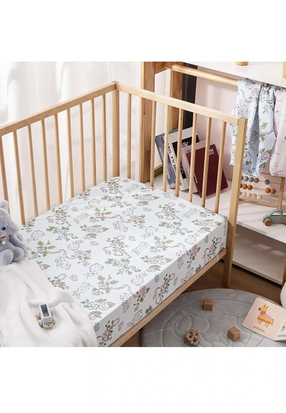 Baby Crib Sheets 2 Pack Fitted Standard Crib Rabbit and Floral Pink